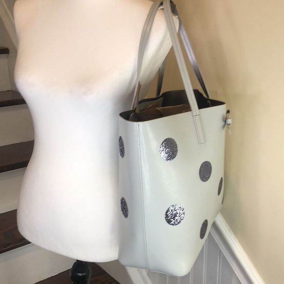 KATE SPADE White Leather & Silver Glitter Polka Dot Oversized Tote Shoulder Bag - Picture 6 of 17